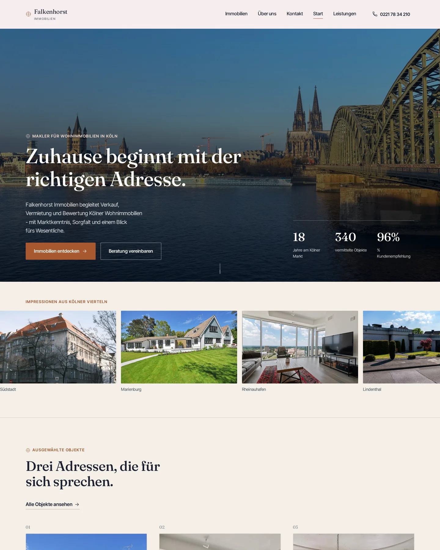 Startseite der Demo-Website Falkenhorst Immobilien – Makler für Wohnimmobilien in Köln