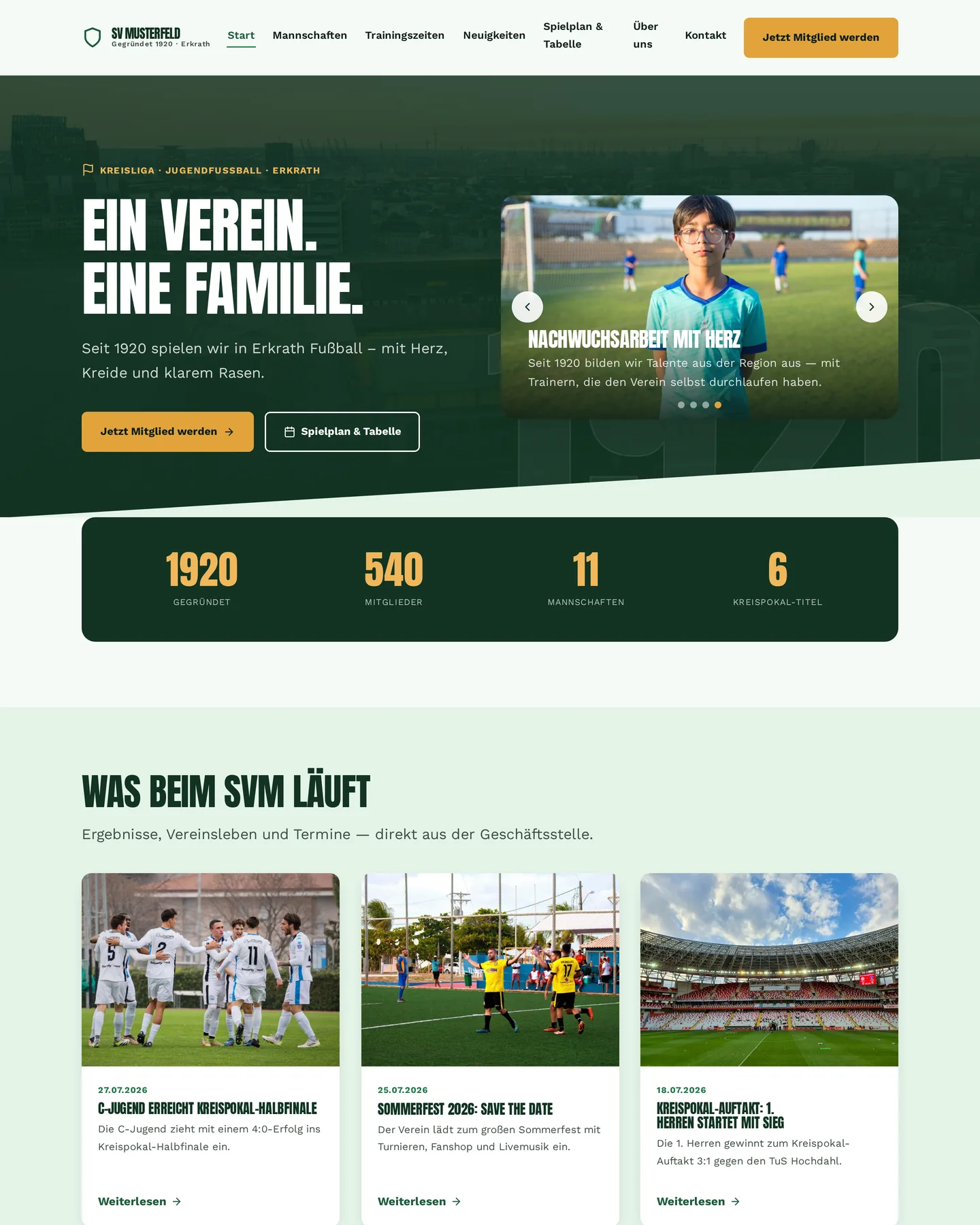 Startseite der Demo-Website SV Musterfeld 1920 e.V. – Fußballverein in Erkrath